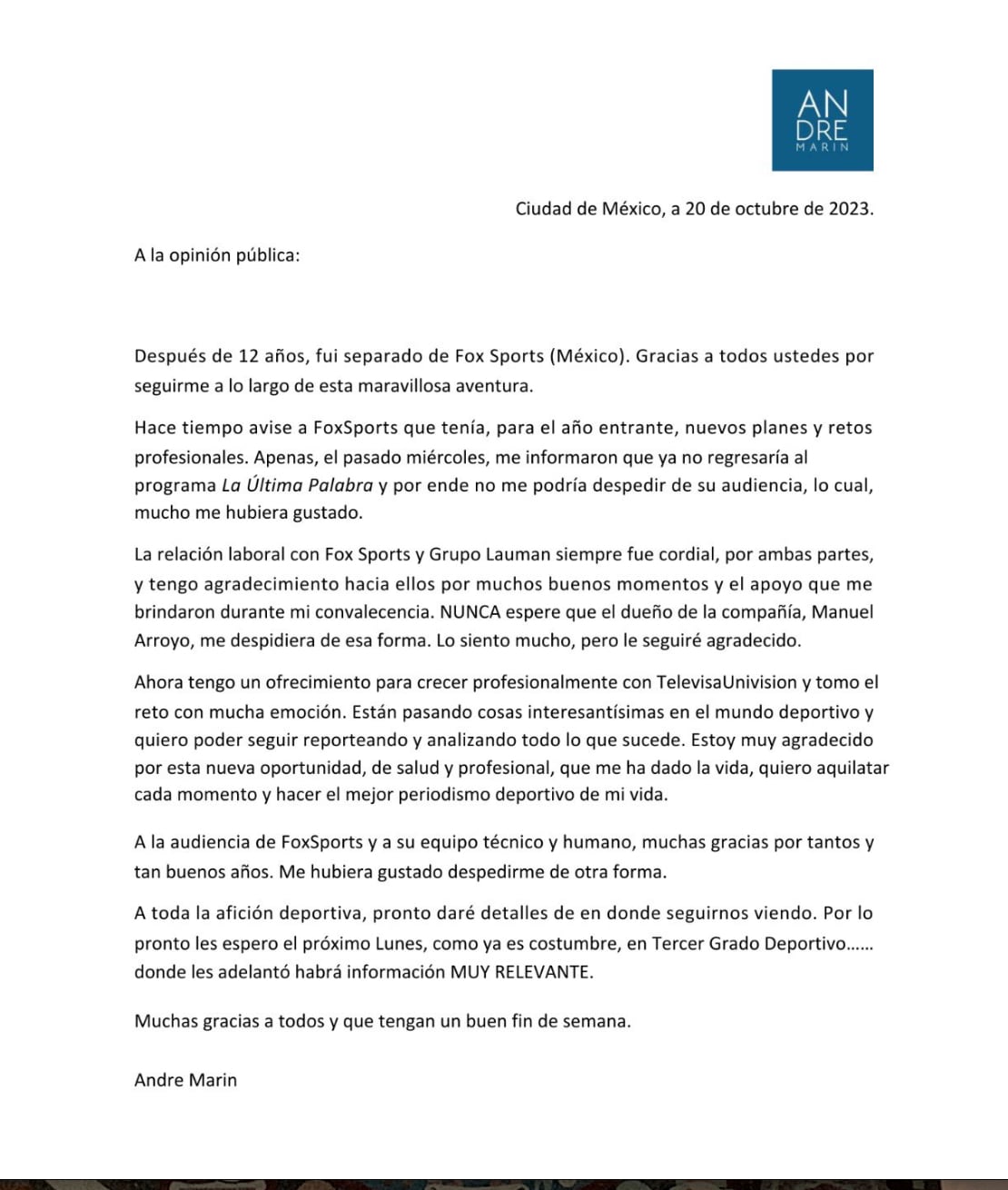 Comunicado André Marín