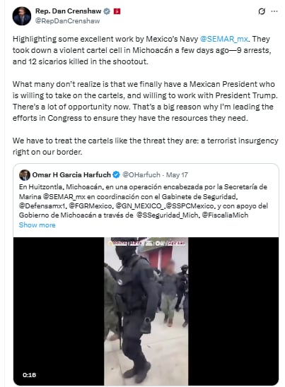 Dan Crenshaw celebra combate al Narcotráfico en México