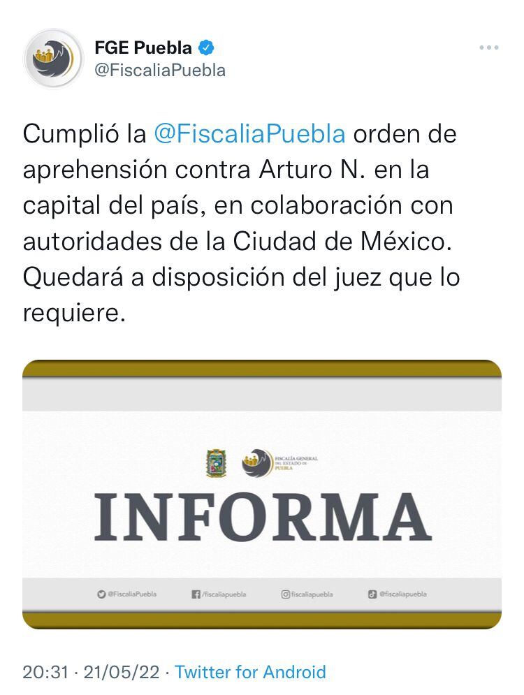 Fiscalía de Puebla sobre la detención de Arturo Rueda