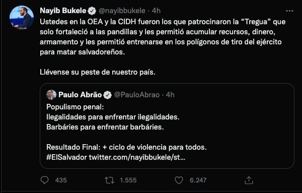 Nayib Bukele respondió a Abrão vía Twitter
