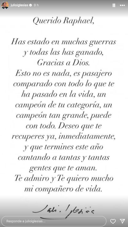 Julio Iglesias envía mensaje motivador a Raphael