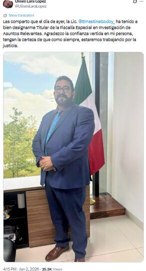 Ulises Lara, nuevo titular de la Fiscalía Especializada de la FGR