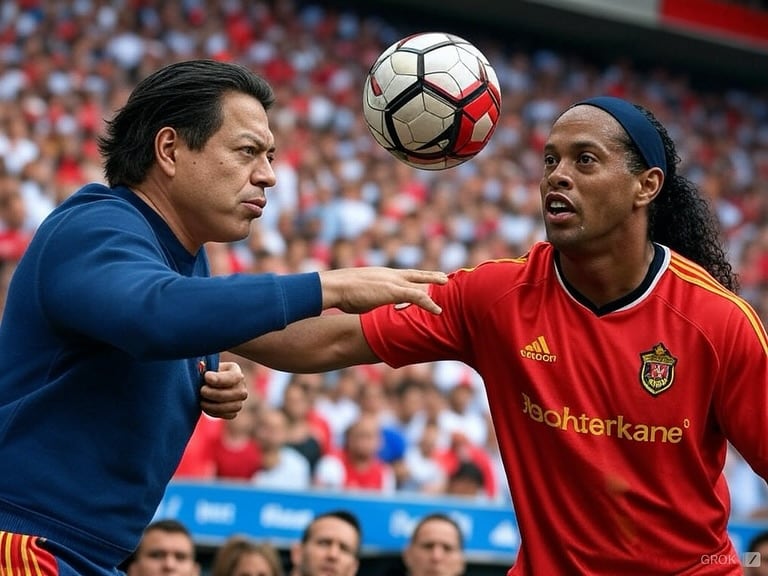 Mario Delgado con Messi, Cristiano Ronaldo y Ronaldinho