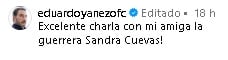 Eduardo Yáñez comparte su cercanía con Sandra Cuevas.
