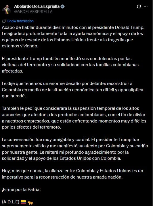 Abelardo de la Espriella pide a Trump suspender aranceles tras terremoto en Colombia