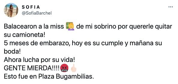 Tuit sobre embarazada en Zapopan/@SofiaBarchel