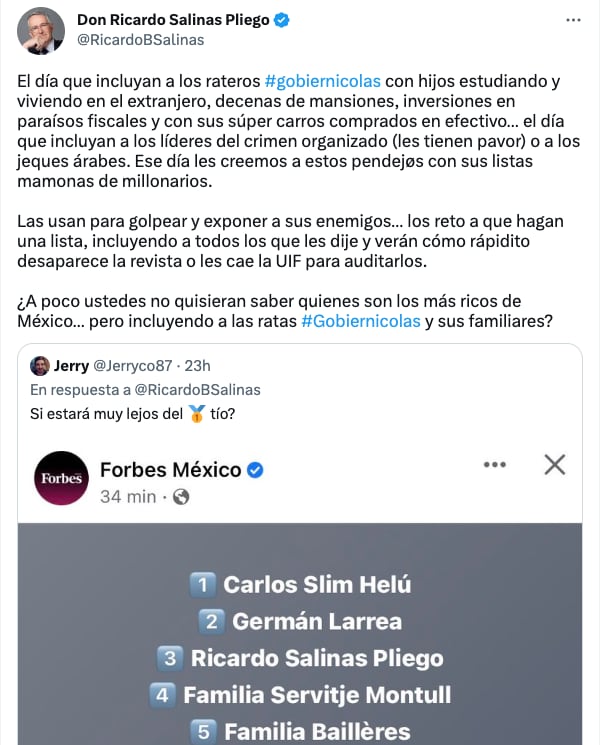 Ricardo Salinas Pliego pide incluir a políticos y narcos en listas de “Los más ricos de México”
