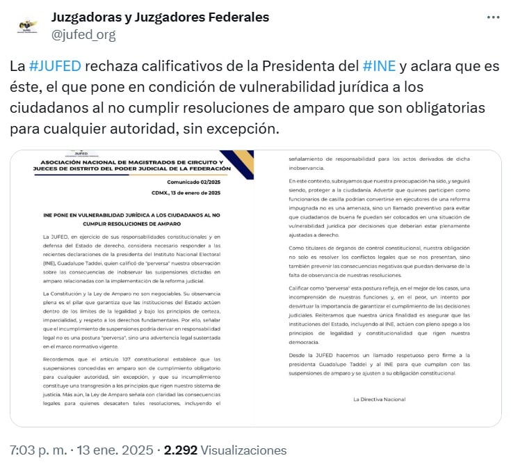 Jufed se lanza contra el INE por no acatar resoluciones de amparo