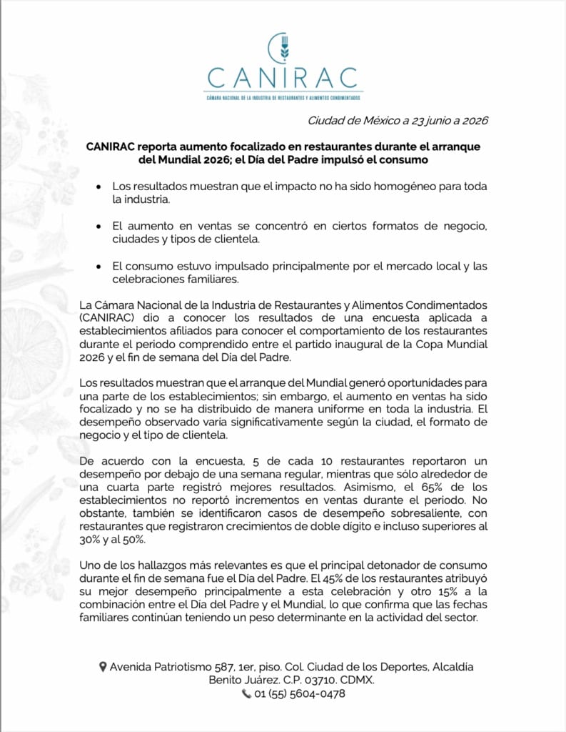 Comunicado de la Canirac sobre la venta en la inauguración del Mundial 2026.