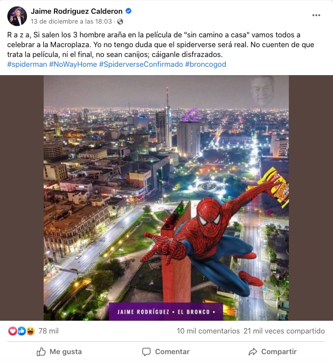 Jaime Rodríguez Calderón invita el evento masivo en Macroplaza por si salen los 3 Spider-Man