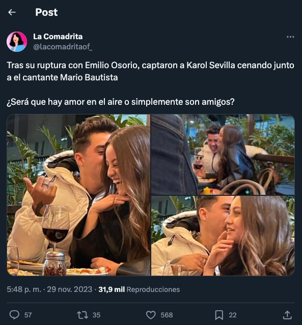 Mario Bautista y Karol Sevilla son vistos en una íntima cena