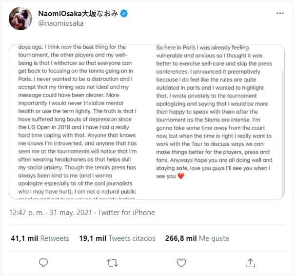 Naomi Osaka publicó en Twitter que se retiraba del torneo 'Roland Garros'