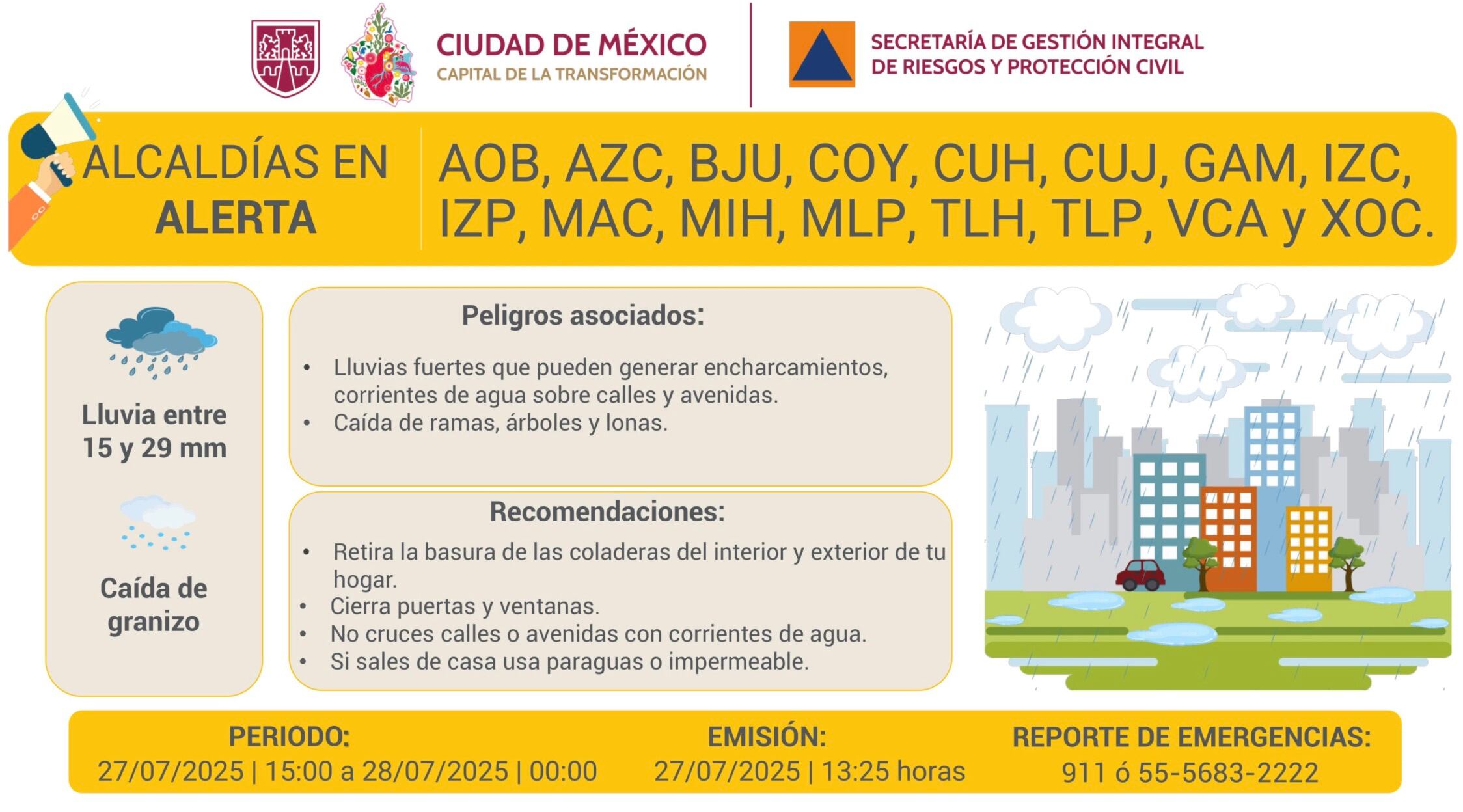 Activan alerta amarilla por lluvias y posible caída de granizo en CDMX