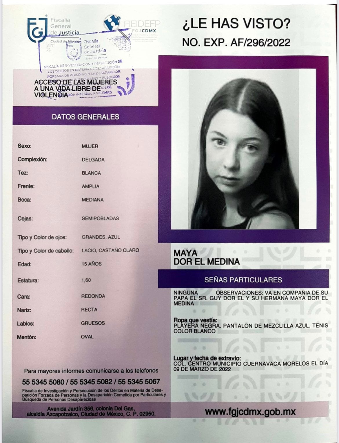 Ficha de búsqueda de Maya, sobrina de Nicolás Celis