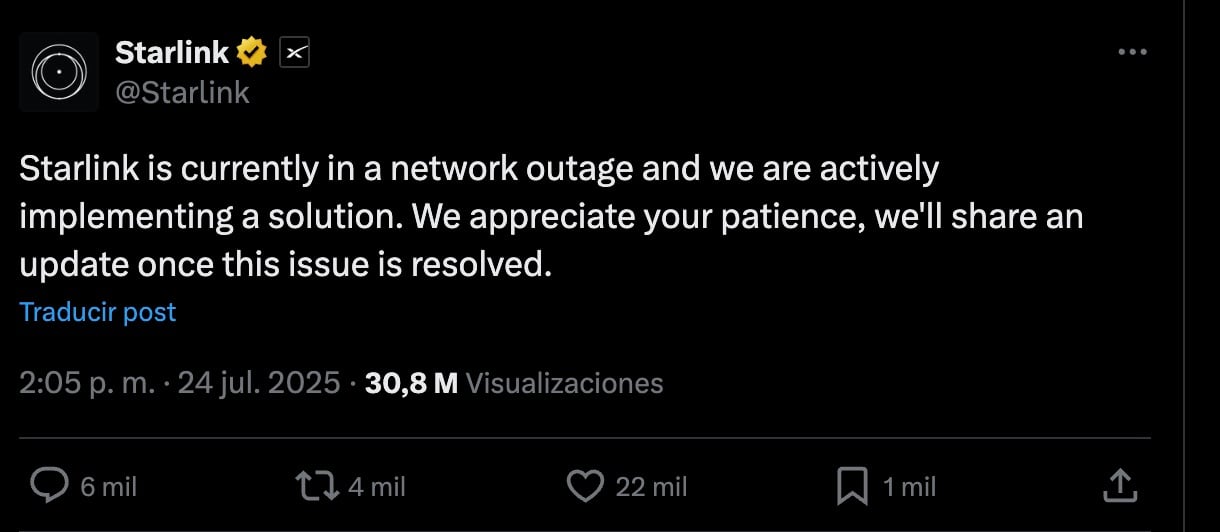 Starlink presenta fallas a nivel mundial