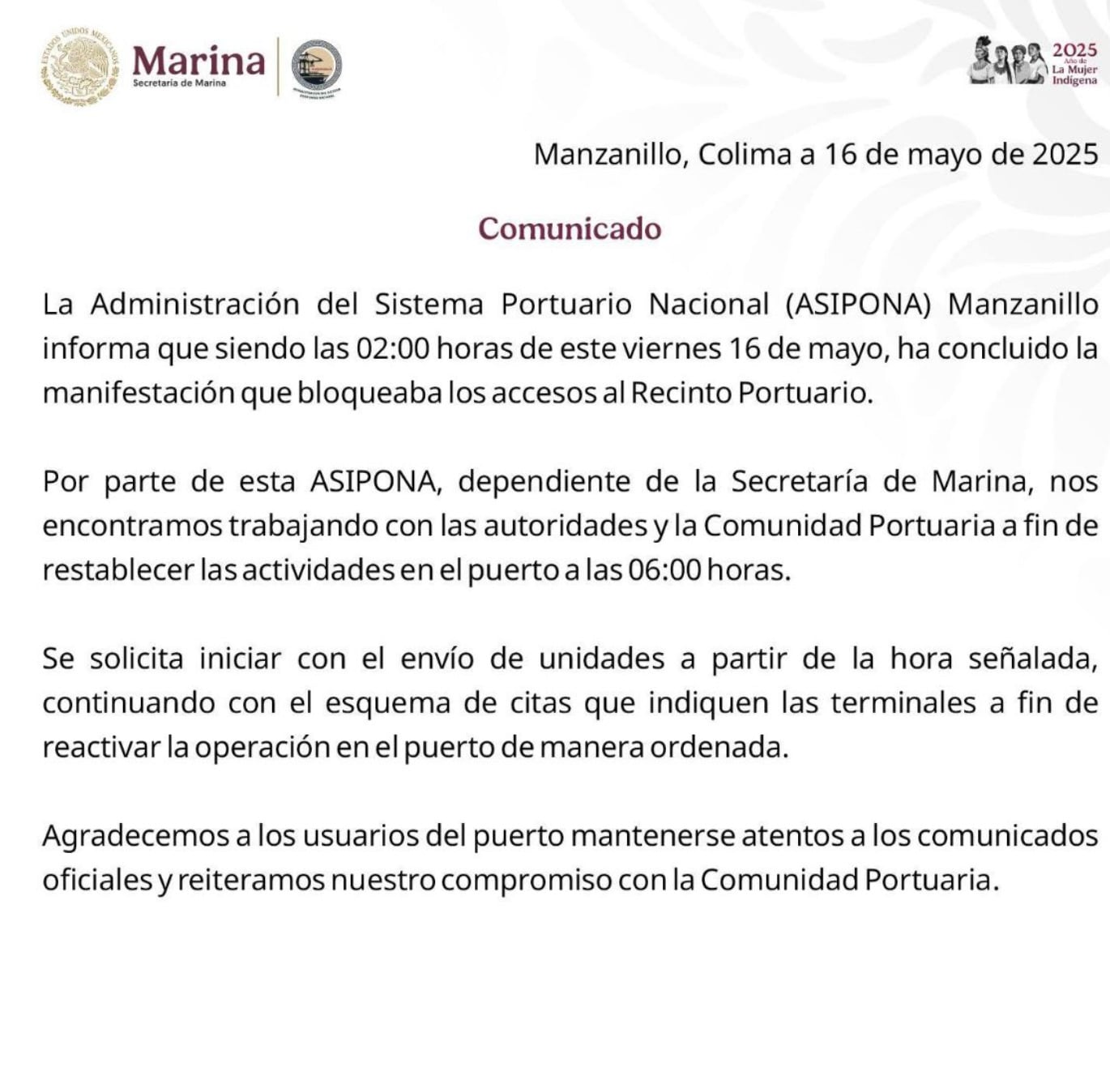 Comunicado Marina confirma término de bloqueo en Aduana de Manzanillo
