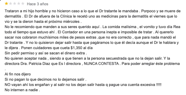 Opiniones en Google sobre la clínica Margarita, en la cual Ricardo O'Farrill fue internado