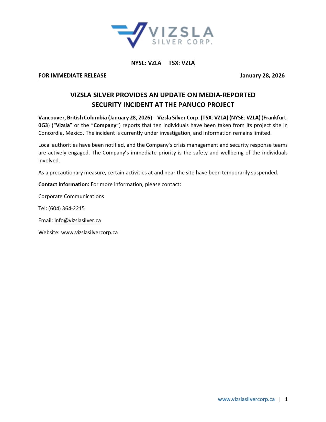 Comunicado de Vizsla Silver donde suspende actividades de Proyecto Pánuco tras secuestro de ingenieros