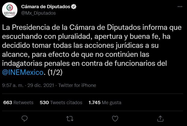 Tweet Presidencia de la Cámara de Diputados
