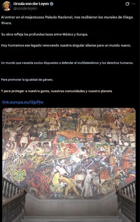Ursula von der Leyen destaca obra de Diego Rivera en Palacio Nacional como reflejo de los lazos México-Europa
