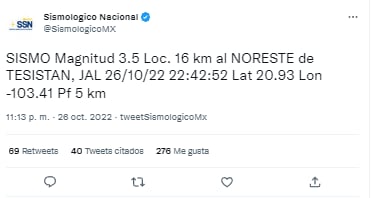 Hoy 26 de octubre se registró un sismo en Jalisco de magnitud 3.5 que tuvo como epicentro Tesistán.