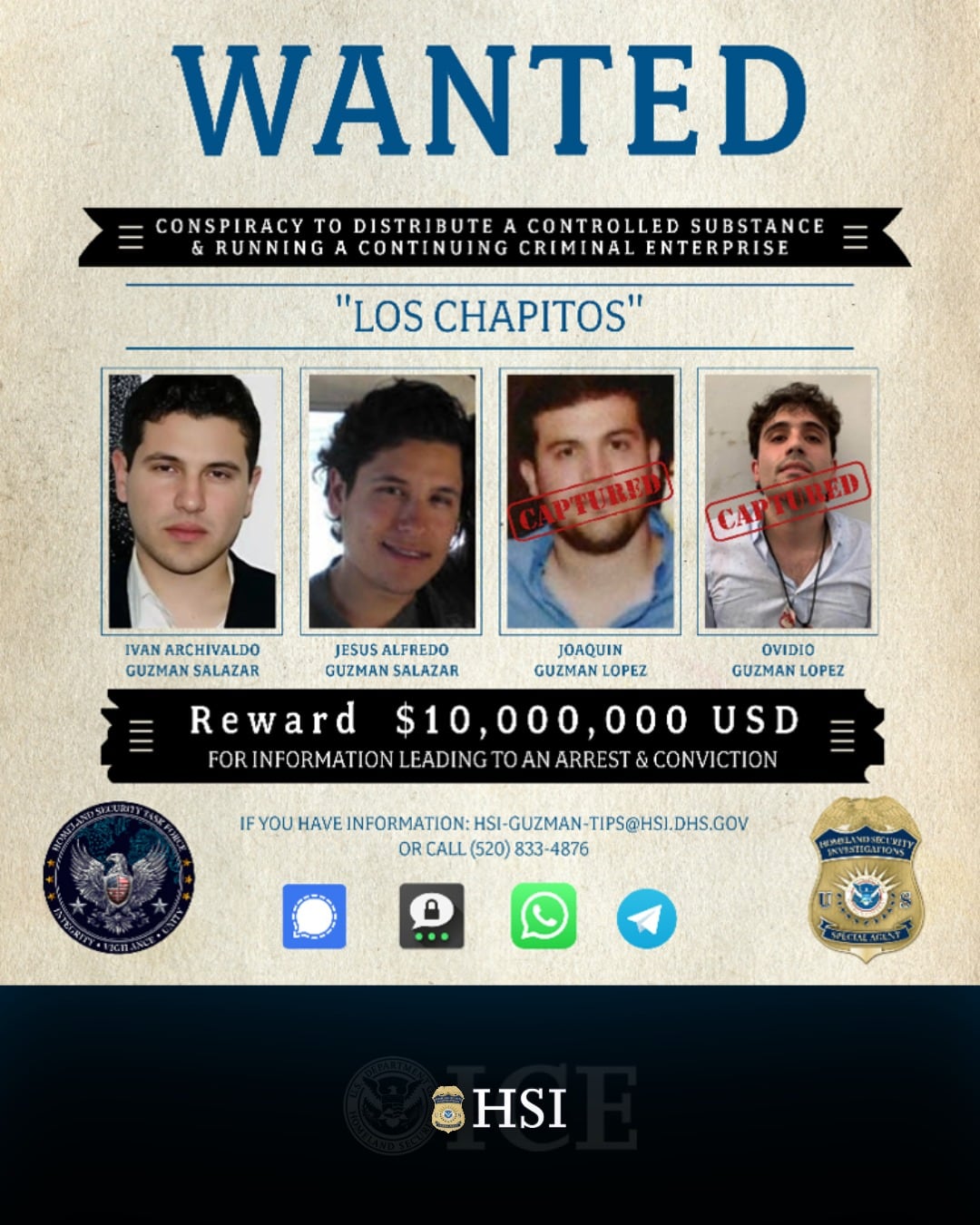 ICE reitera recompensa de 10 millones de dólares por Iván Archivaldo y Jesús Alfredo de Los Chapitos