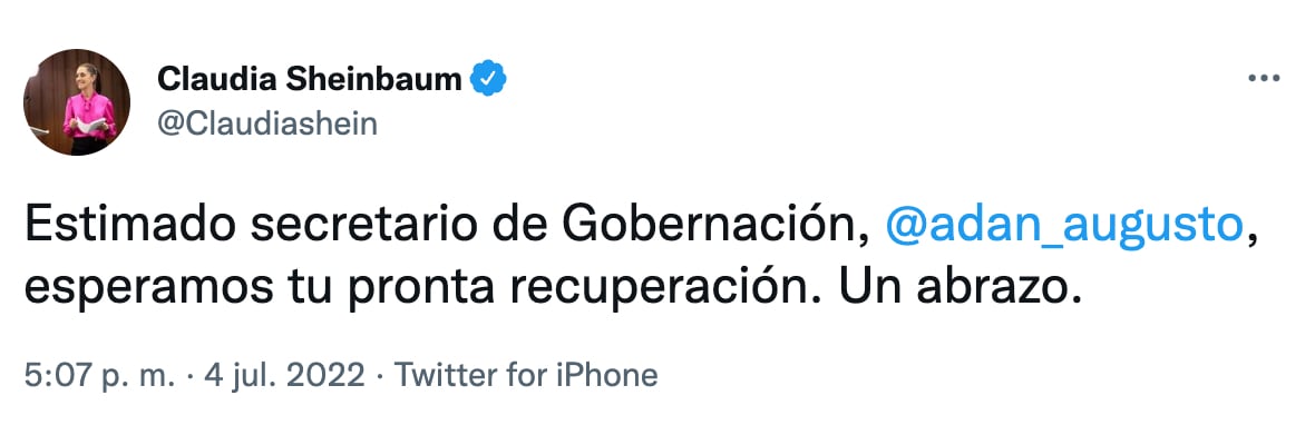 Claudia Sheinbaum desea pronta recuperación a Adán Augusto López