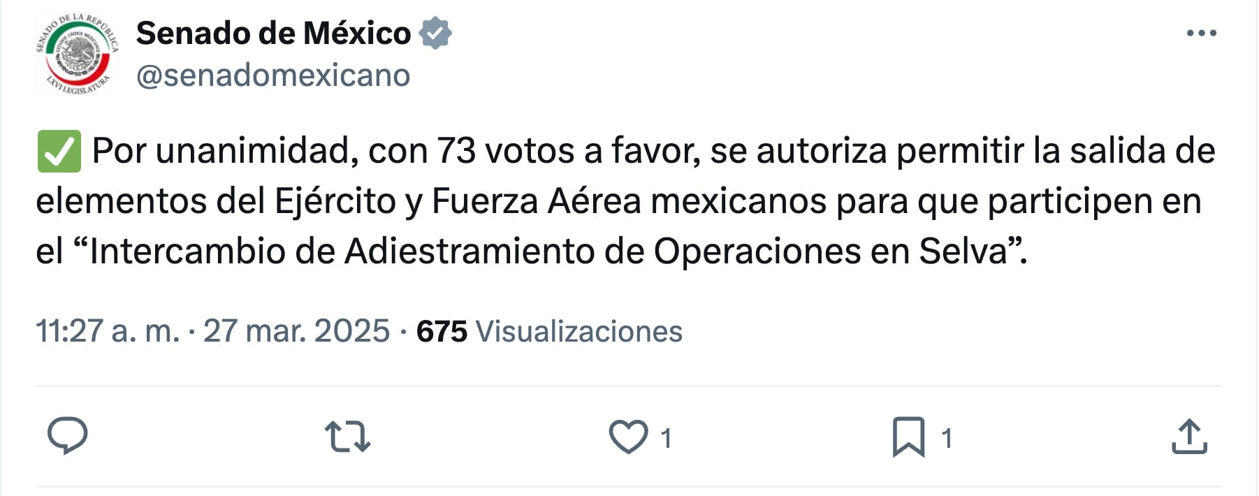 Cámara de Senadores aprueba salida de elementos del Ejército Mexicano