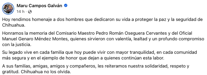 Maru Campos Galván lamenta muerte de Pedro Román Oseguera