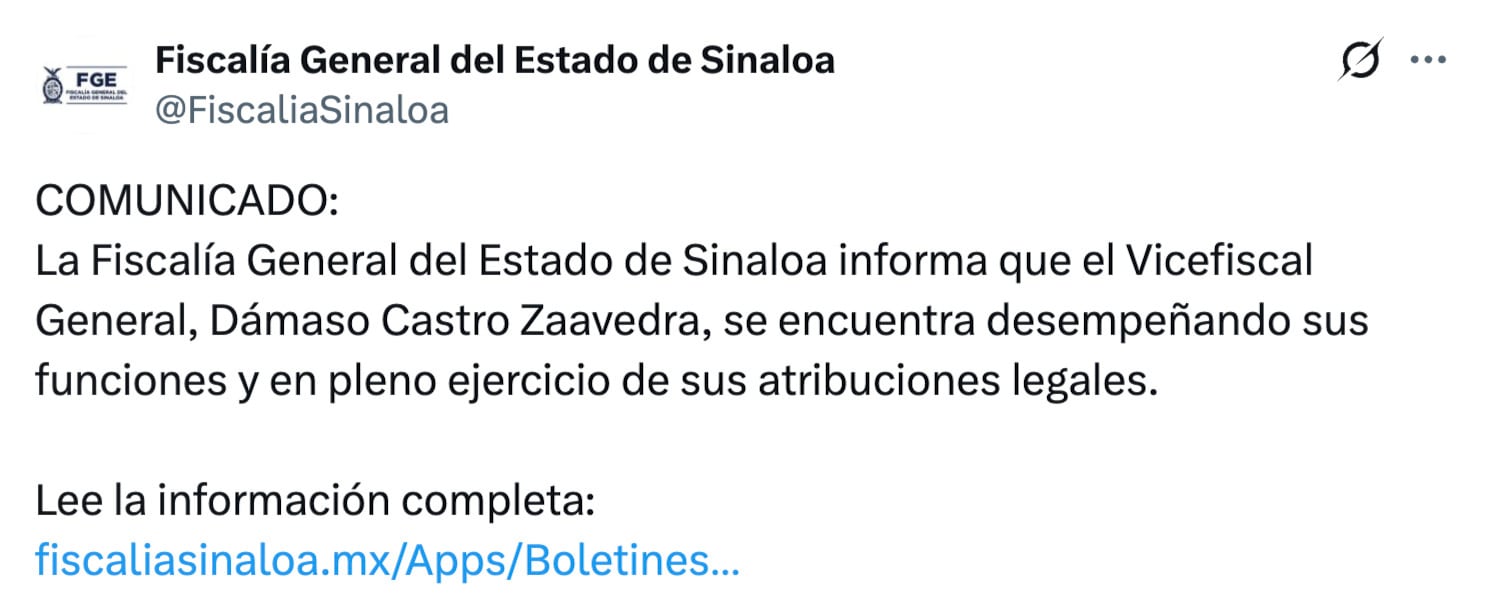 Fiscalía de Sinaloa confirma que Dámaso Castro sigue en funciones