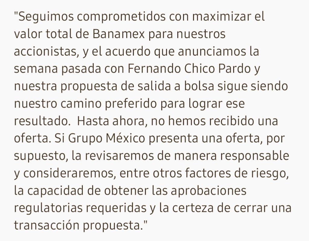 Citi responde a Grupo México sobre compra de Banamex