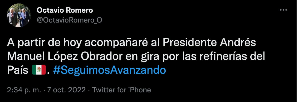 Octavio Romero se irá de gira con AMLO por las refinerías de México