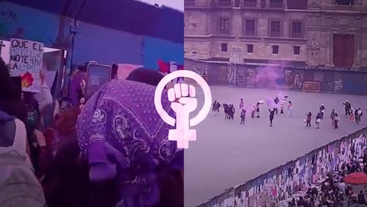 Manifestantes cruzan vallas frente a la Catedral en marcha por el Día Internacional de la Mujer; no hay lesionadas
