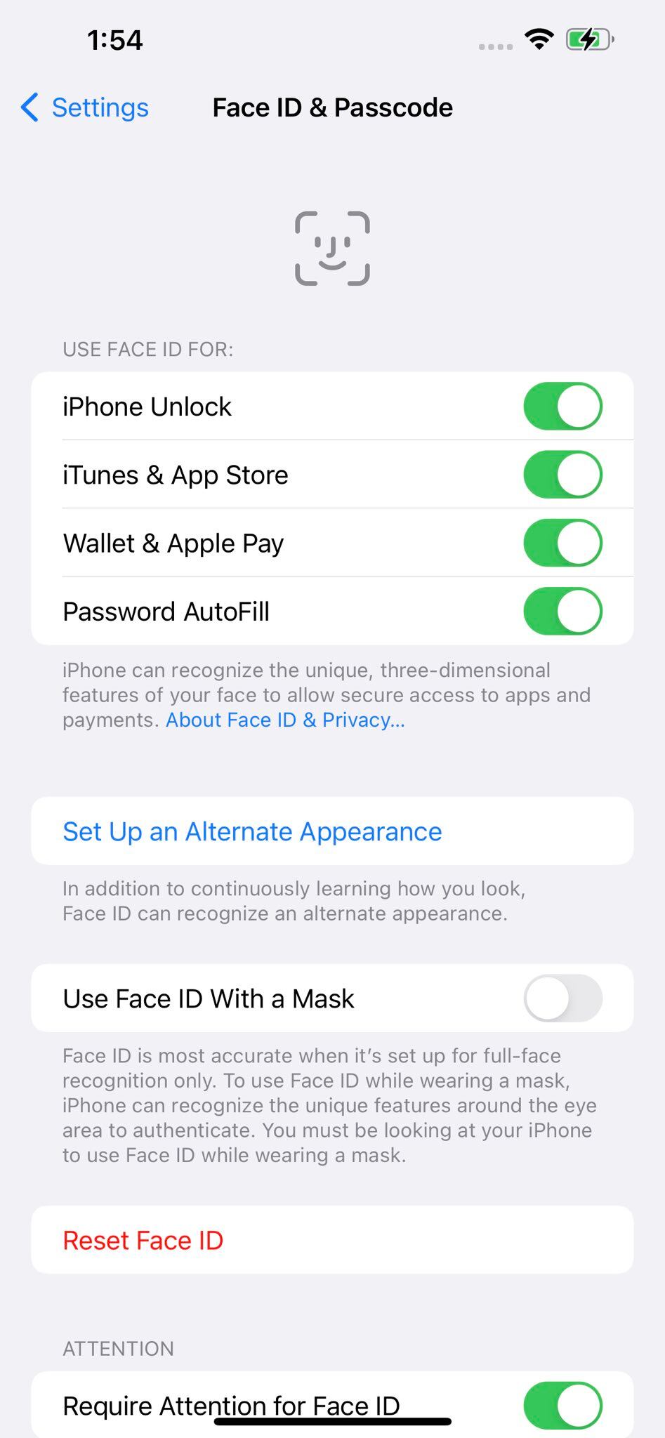 Menú iPhone para activar el FaceID