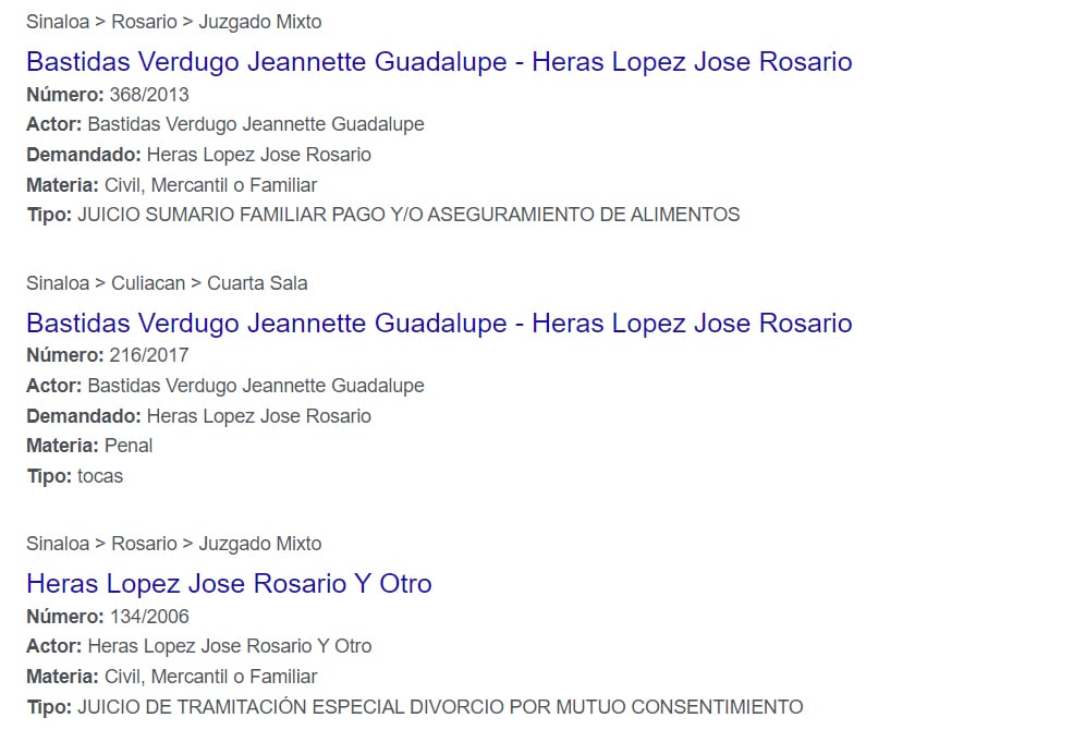 Registro de juicios contra José Rosario Heras López