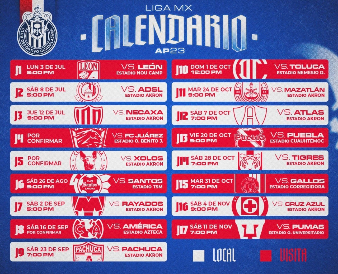 Calendario Club Chivas del Apertura 2023 Así jugará el próximo torneo